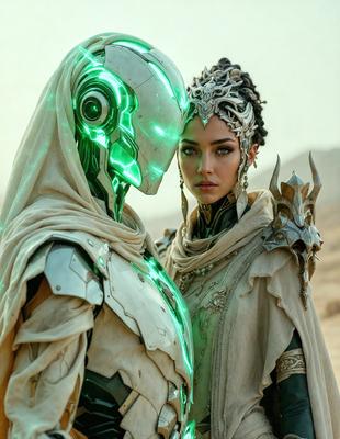 The primary subject of the image is a man and a woman, both dressed in futuristic costumes. They are standing close to each other, with the woman positioned behind the man. The setting appears to be a desert-like environment, with a sandy surface visible in the background. The visual style of the image is a combination of photo and digital art, creating a unique and intriguing atmosphere. The dominant colors in the image are green and white, which are prevalent in the costumes and the overall scene. The mood of the image is mysterious and captivating, as the two characters seem to be part of a larger story or narrative.